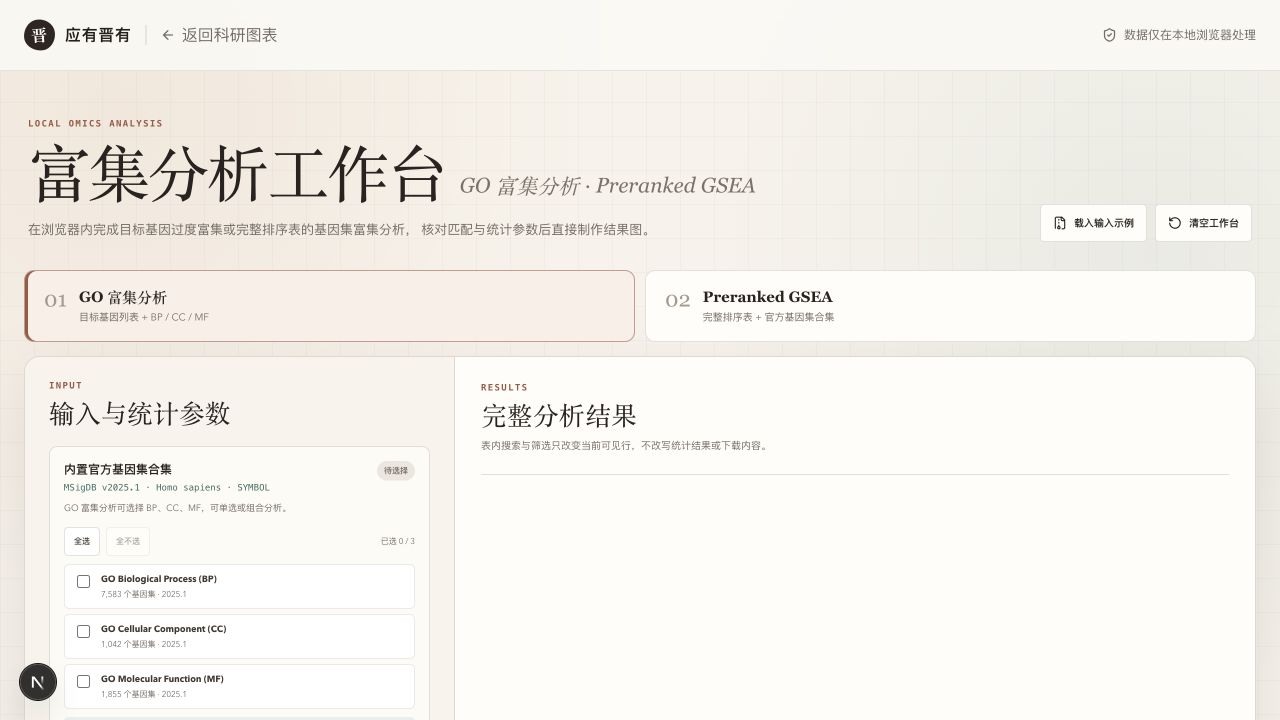 可运行 GO 富集分析与 Preranked GSEA 的分析工作台