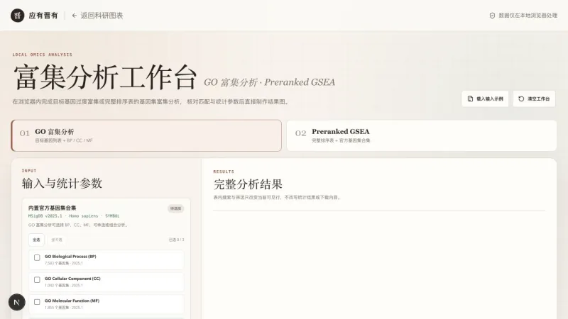 可运行 GO 富集分析与 Preranked GSEA 的分析工作台